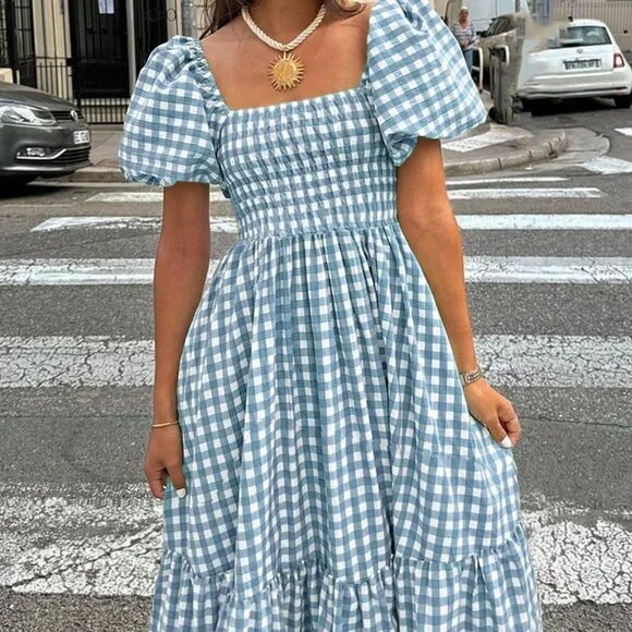 Blue And White Casual Women's & Plaid Elegant Bohemian Dress With Waist Cinching - Picture 2 of 3